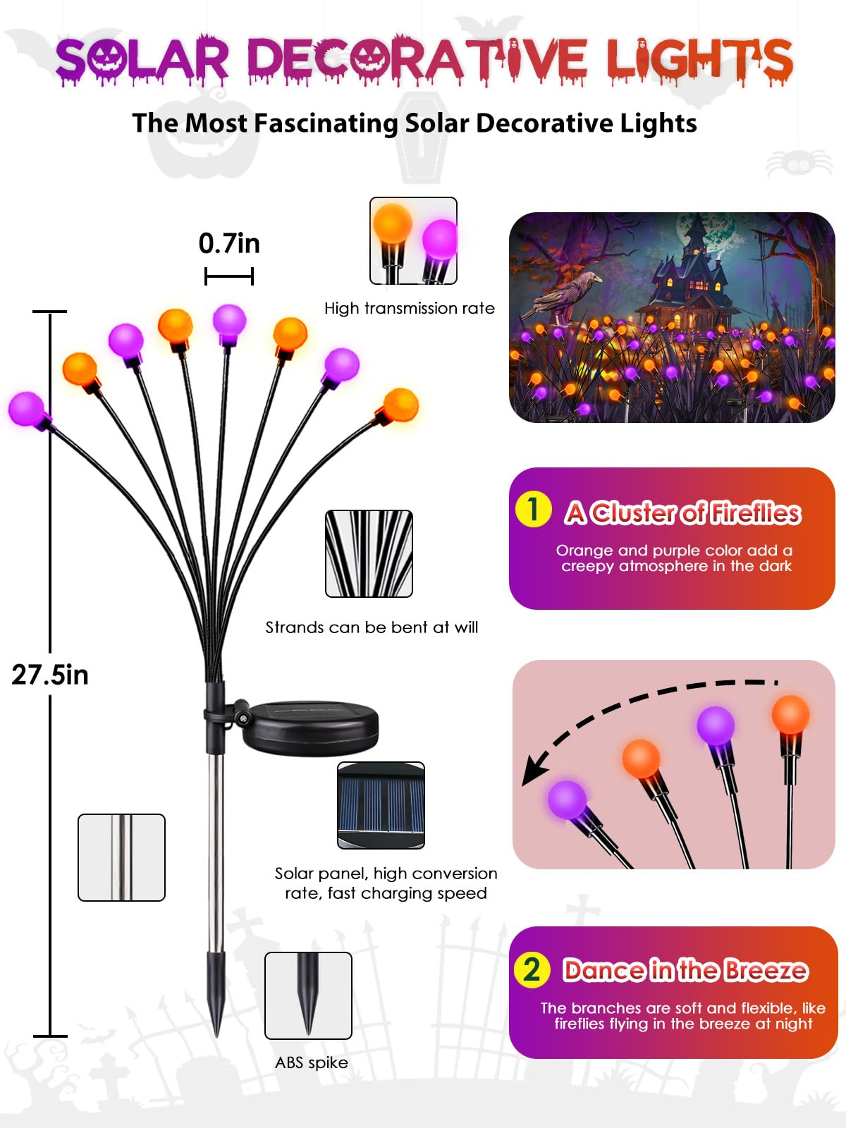 Albelt Halloween Decorations Outdoor, 6 Pack Solar Firefly Lights Outdoor, 48 LED Solar Halloween Lights, Waterproof Swaying Garden Light (Sway by Wind) for Outside Pathway Decor (Orange and Purple)