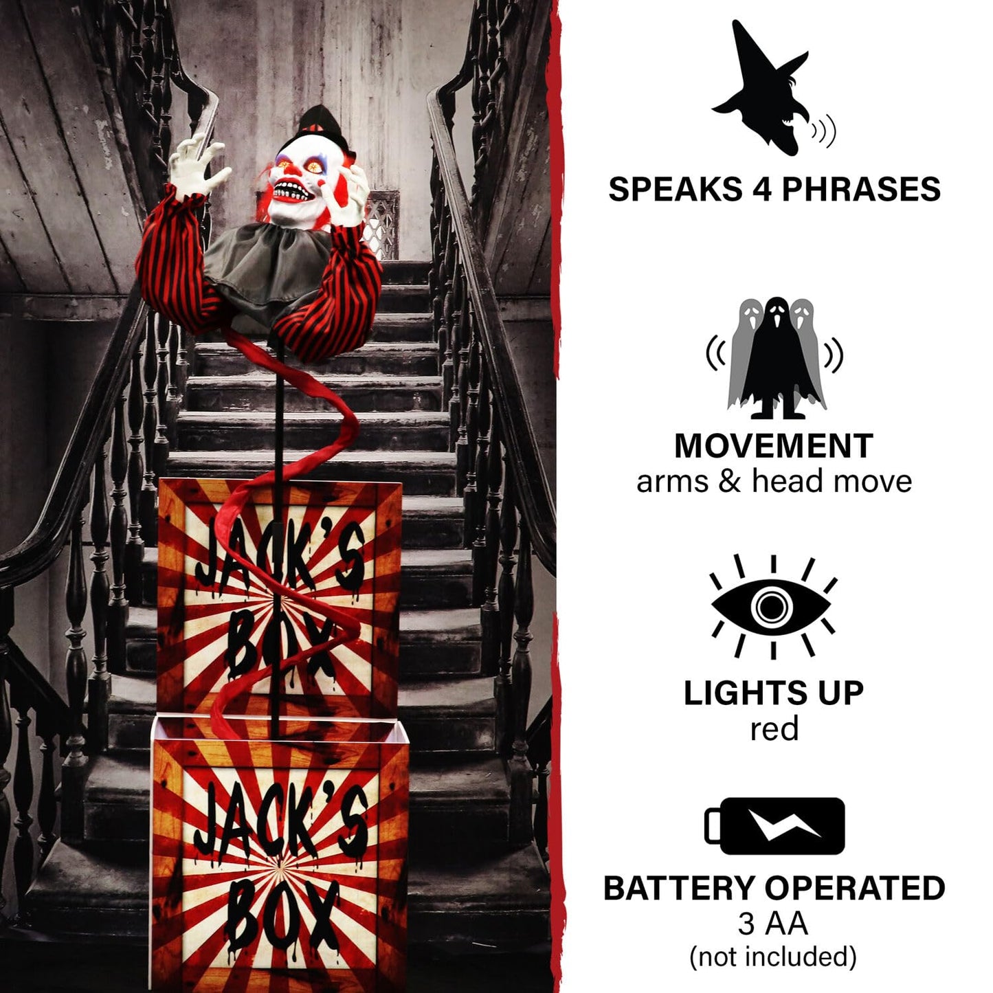 Haunted Hill Farm Life-Size Talking Clown Jack in The Box, Halloween Animatronic with Motion and Touch Activated Lights and Sounds, Battery Operated Indoor or Covered Outdoor Halloween Decorations