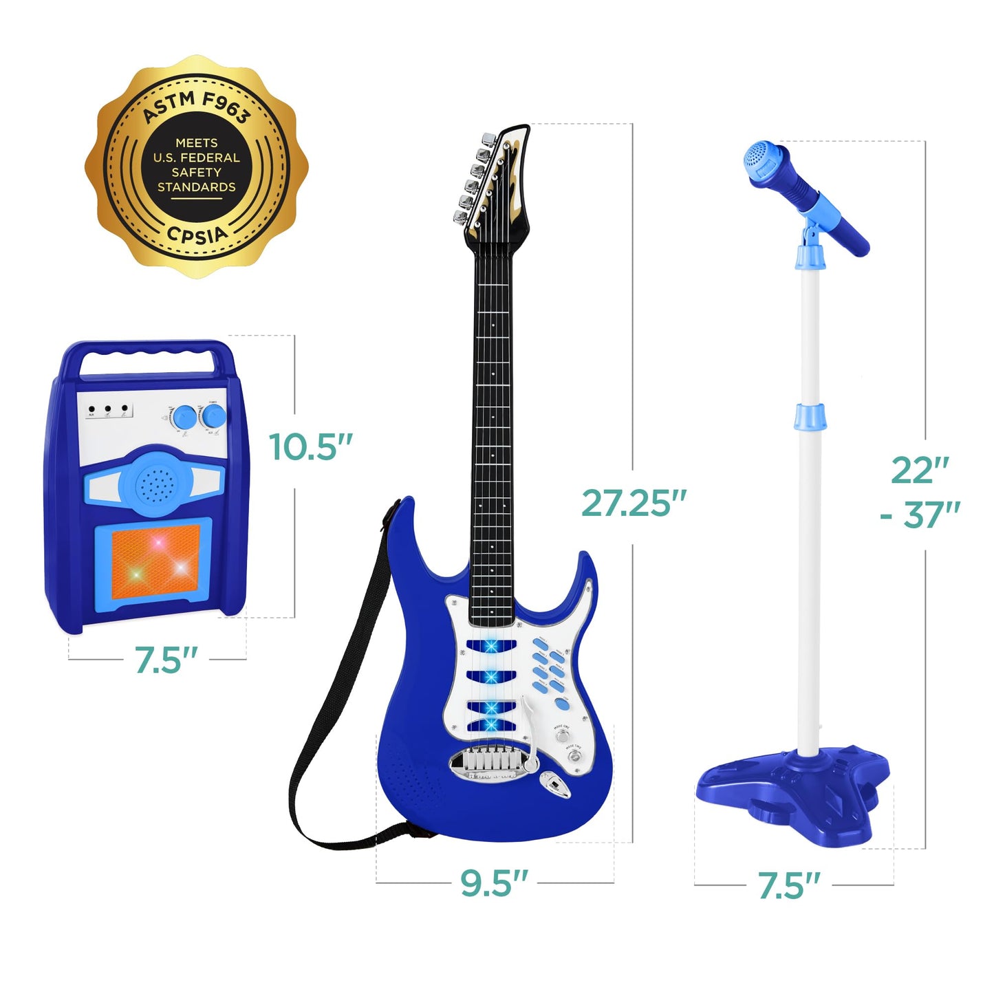 Best Choice Products Kids Electric Musical Guitar Play Set, Toy Guitar Starter Kit Bundle w/ 6 Demo Songs, Whammy Bar, Microphone, Amp, AUX, 2 Sticker Sheets - Blue