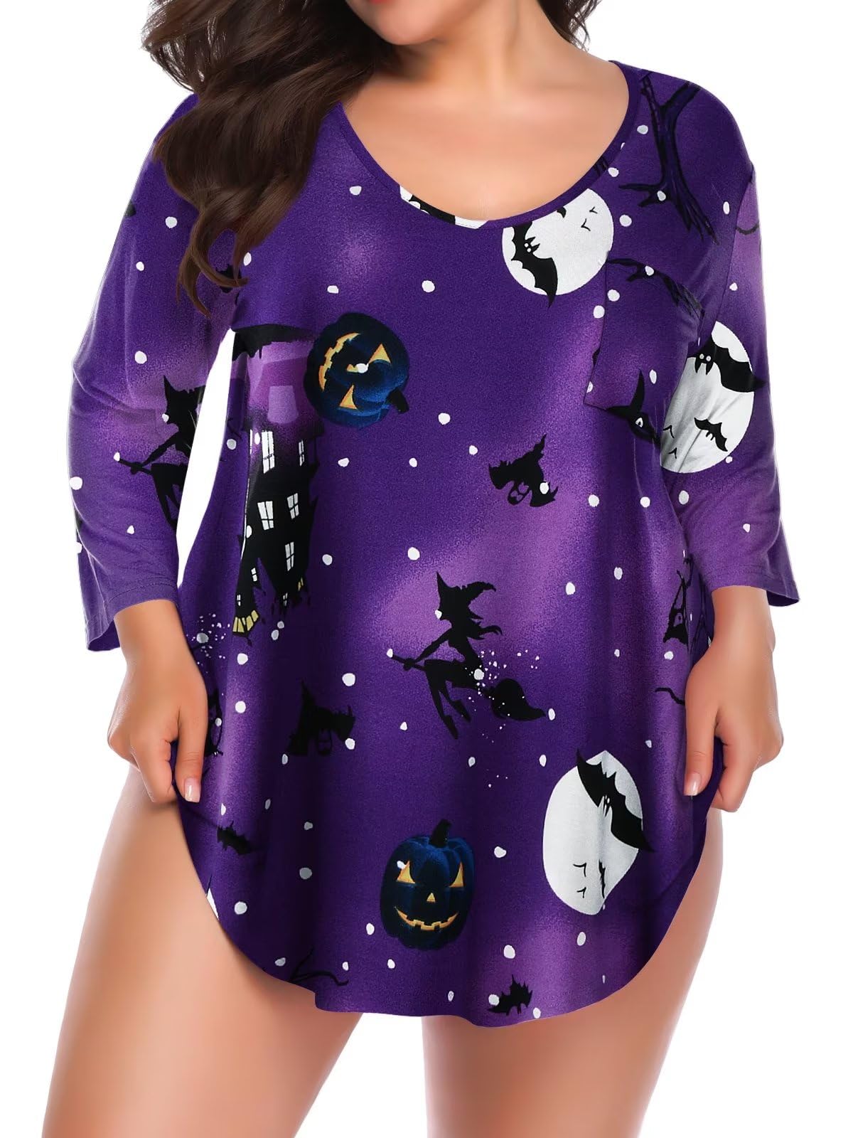 BELAROI Womens Plus Size Halloween Shirts 3/4 Sleeve V Neck Tunic Tops Basic Tee Loose Pumpkin, Witch, Horror, Pattern Print Blouses with Pocket(4X,Flower61)
