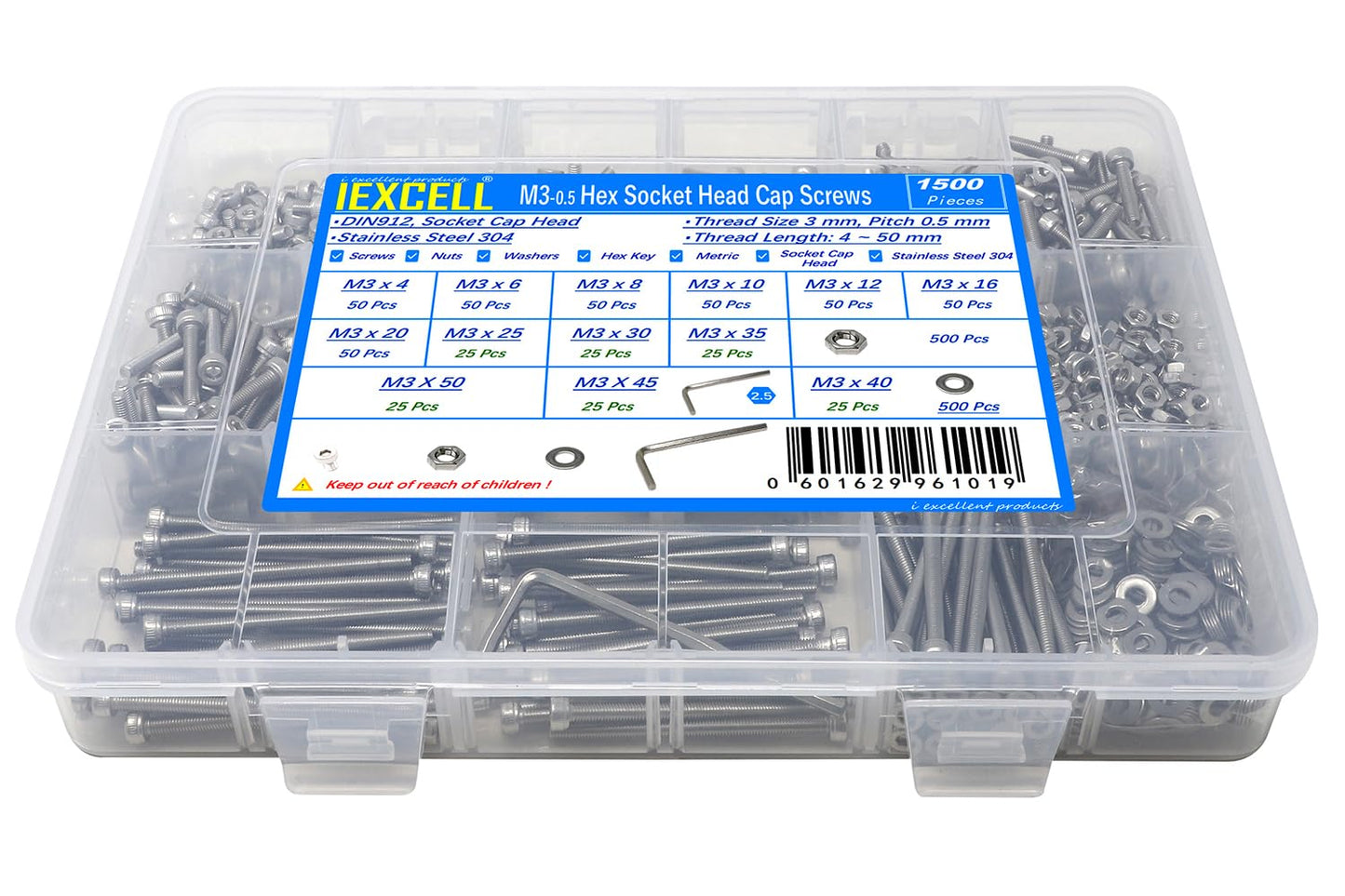 iexcell 1500 Pcs M3 x 4/6/8/10/12/16/20/25/30/35/40/45/50 Stainless Steel 304 Hex Socket Head Cap Screws Blots Nuts Washers Assortment Kit