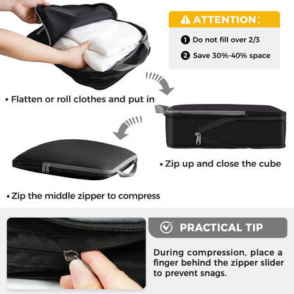 BAGAIL 4 Set/6 Set/8 Set Compression Packing Cubes Travel Accessories Expandable Packing Organizers (Cloth Pattern, 4-Black)