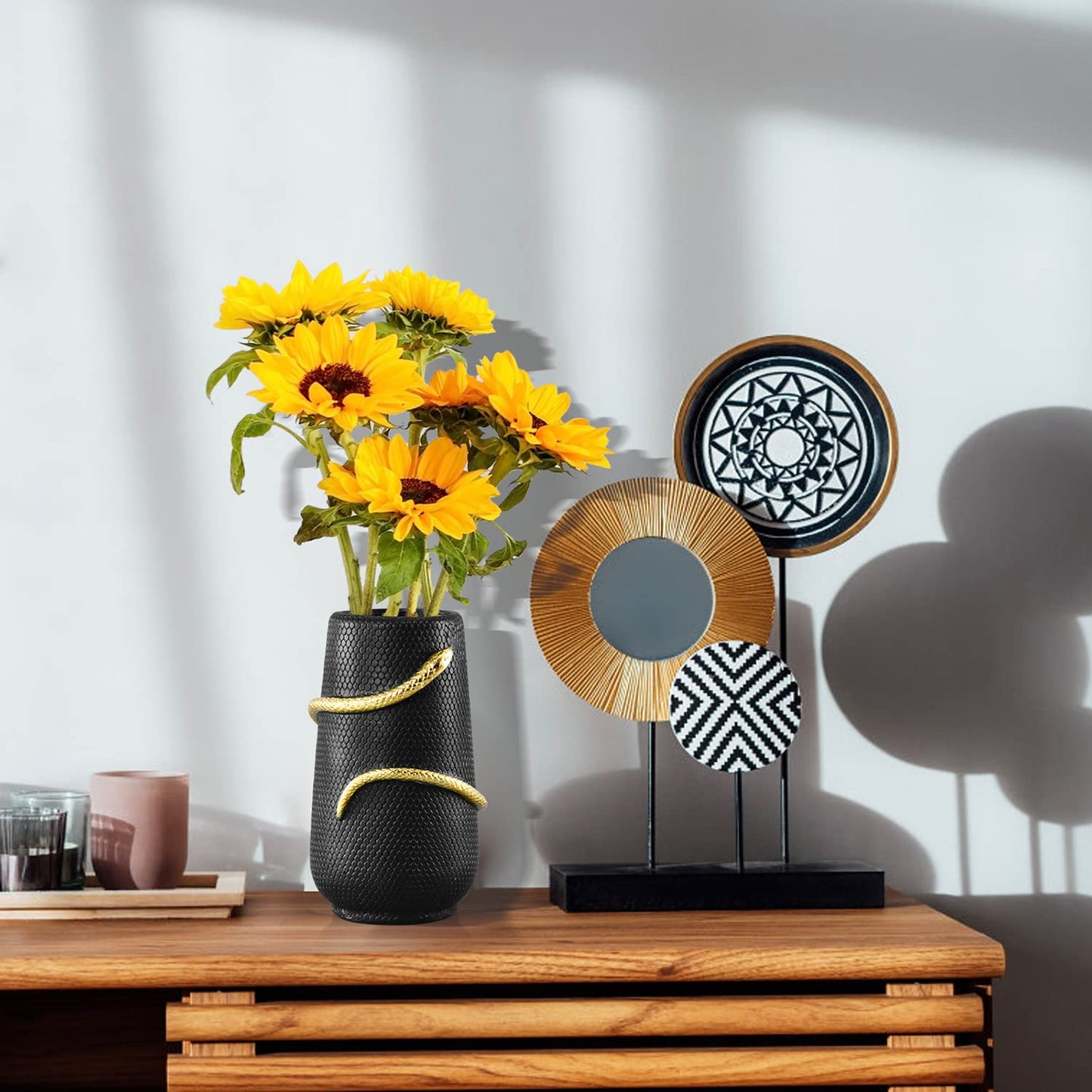 Black Flower Vase Home Decor, Halloween Decor Indoor, Unique Black Vase for Bookshelf Fireplace Bedroom Kitchen Living Room Table Centerpieces Office Desk,Boho Vase, 8" Tall