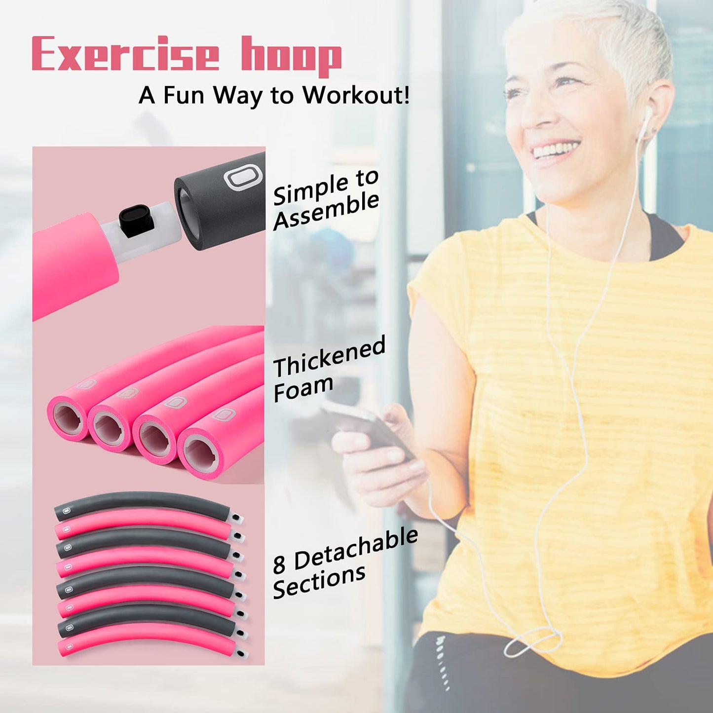 Beakabao Exercise Weighted Hoops for Adults and Kids, Adjustable 8 Sections 2LB Detachable Fitness Hoop, Weight Loss Core Strength Workout Sport