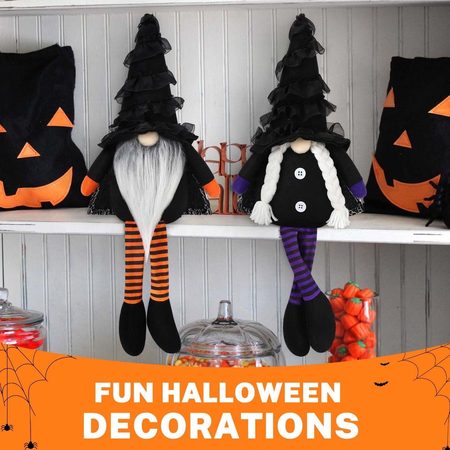 BINSUNS Halloween Plush Gnomes Decoration, 2 Pack Halloween Dangle Leg Gnomes Doll Elf Dwarf - Black Witch Cloak Hat Stuffed gnomesfor Halloween Home Decor Table Decorations Gifts Household Ornaments