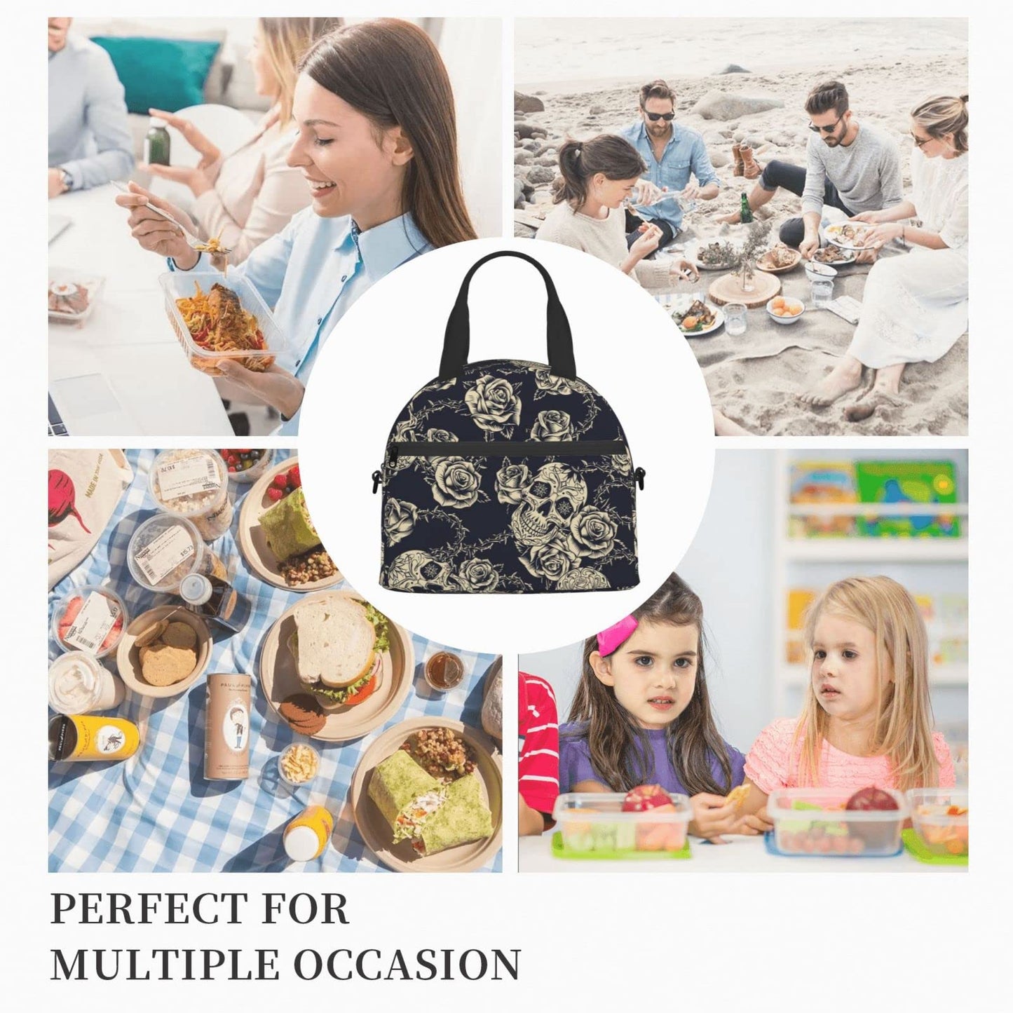 bassyil Skull Insulated Lunch Bag Reusable Lunch Box With Adjustable Shoulder Strap Cooler Tote Bag For Men Women