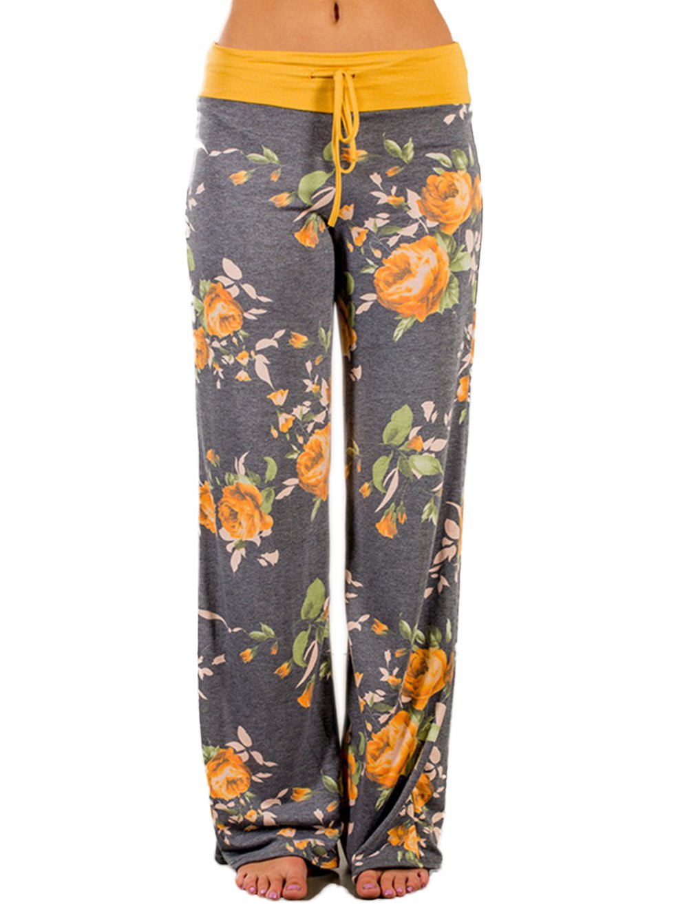 iChunhua Women's Comfy Stretch Floral Print Drawstring Palazzo Wide Leg Lounge Pants(XL,Yellow)