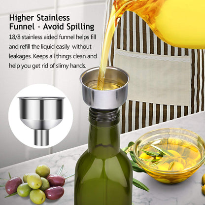 AOZITA Glass Olive Oil Dispenser Bottle Set - 500ml Dark Green Oil & Vinegar Cruet Bottle with Pourers, Funnel and Labels - Olive Oil Carafe Decanter for Kitchen, 17 Oz (Pack of 2)