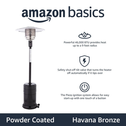 Amazon Basics 46,000 BTU Outdoor Propane Patio Heater with Wheels, Commercial & Residential, Havana Bronze, with Water Tank, 32.1 x 32.1 x 91.3 inches (LxWxH)