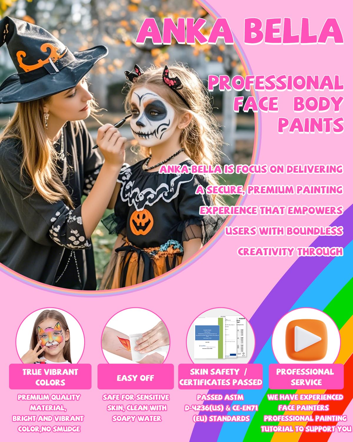 Anka Bella Professional Face Painting Kit for Kids,12X10gm Water Activated Rainbow Cake Face Paint with Stencil & Brushes,Hypoallergenic & Non-Toxic,Gift for Birthday Parties/Halloween/Carnival
