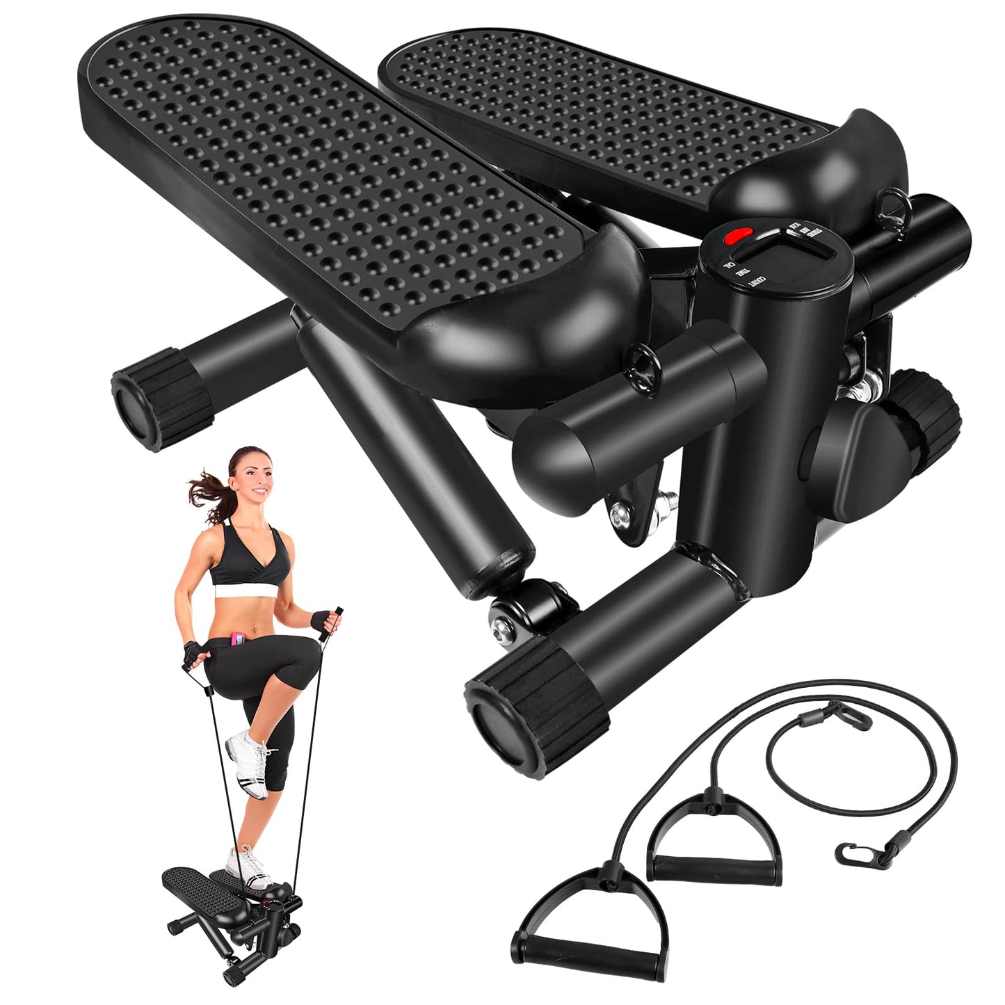 Hydraulic Fitness Stepper with LCD Monitor - Mini Stepper with 300LBS Loading Capacity and Resistance Bands