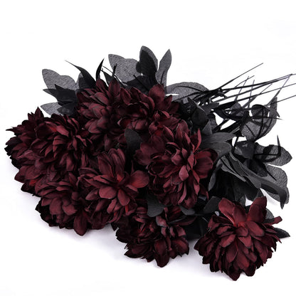 Artflower 10 Pack Artificial Silk Dahlia Bouquet with Long Stem, 16” Wine Red Fake Flower Floral Arrangements Wedding Bridal Bouquet for Halloween Harvest Festival Table Centerpieces Home Decor