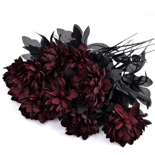 Artflower 10 Pack Artificial Silk Dahlia Bouquet with Long Stem, 16” Wine Red Fake Flower Floral Arrangements Wedding Bridal Bouquet for Halloween Harvest Festival Table Centerpieces Home Decor