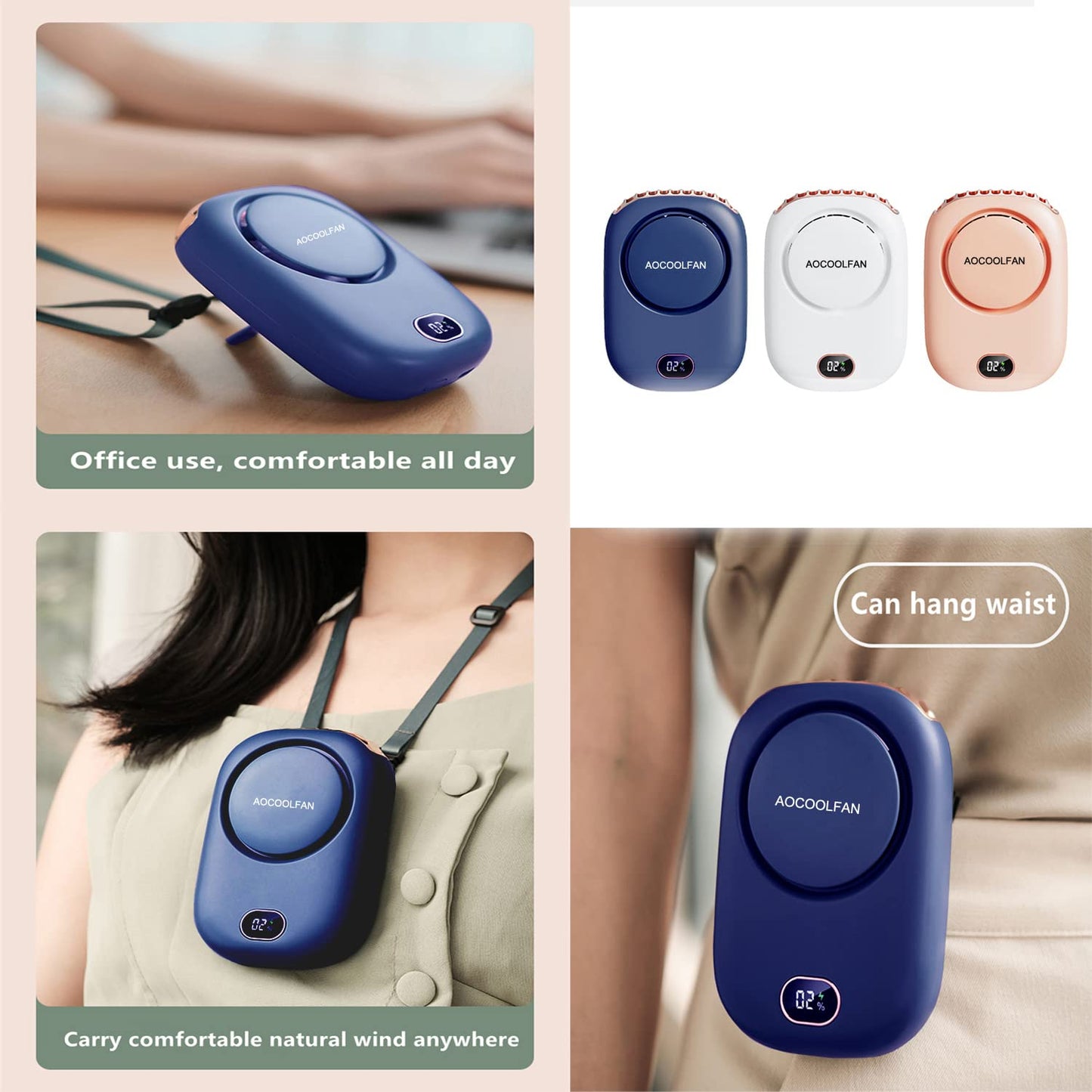 AOCOOLFAN Portable Neck Fan, Mini Small Personal Handheld Fan USB Rechargeable 3 Speed for Girls Boys Woman Eyelash Travel Home Office Outdoor (navy blue)