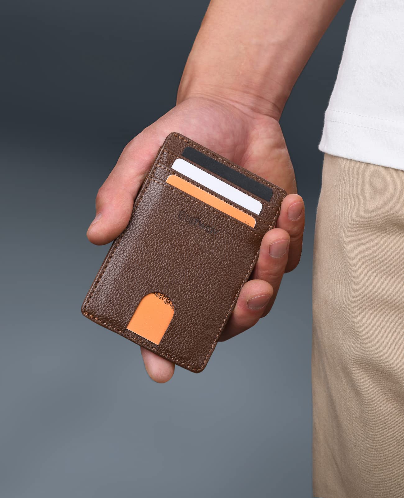 Buffway Mens Slim Wallet, Minimalist Thin Front Pocket Leather Credit Card Holder with RFID Blocking for Work Travel - Chicago Coffee