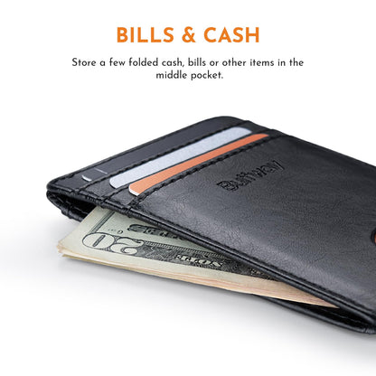 Buffway Mens Slim Wallet, Minimalist Thin Front Pocket Leather Credit Card Holder with RFID Blocking for Work Travel - Seattle Black