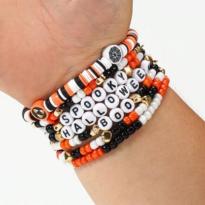 Ardorchid Halloween Bracelets for Women Spooky Boo Beaded Stackable Letter Bracelet Boho Clay Heishi Bracelets Halloween Party Jewelry