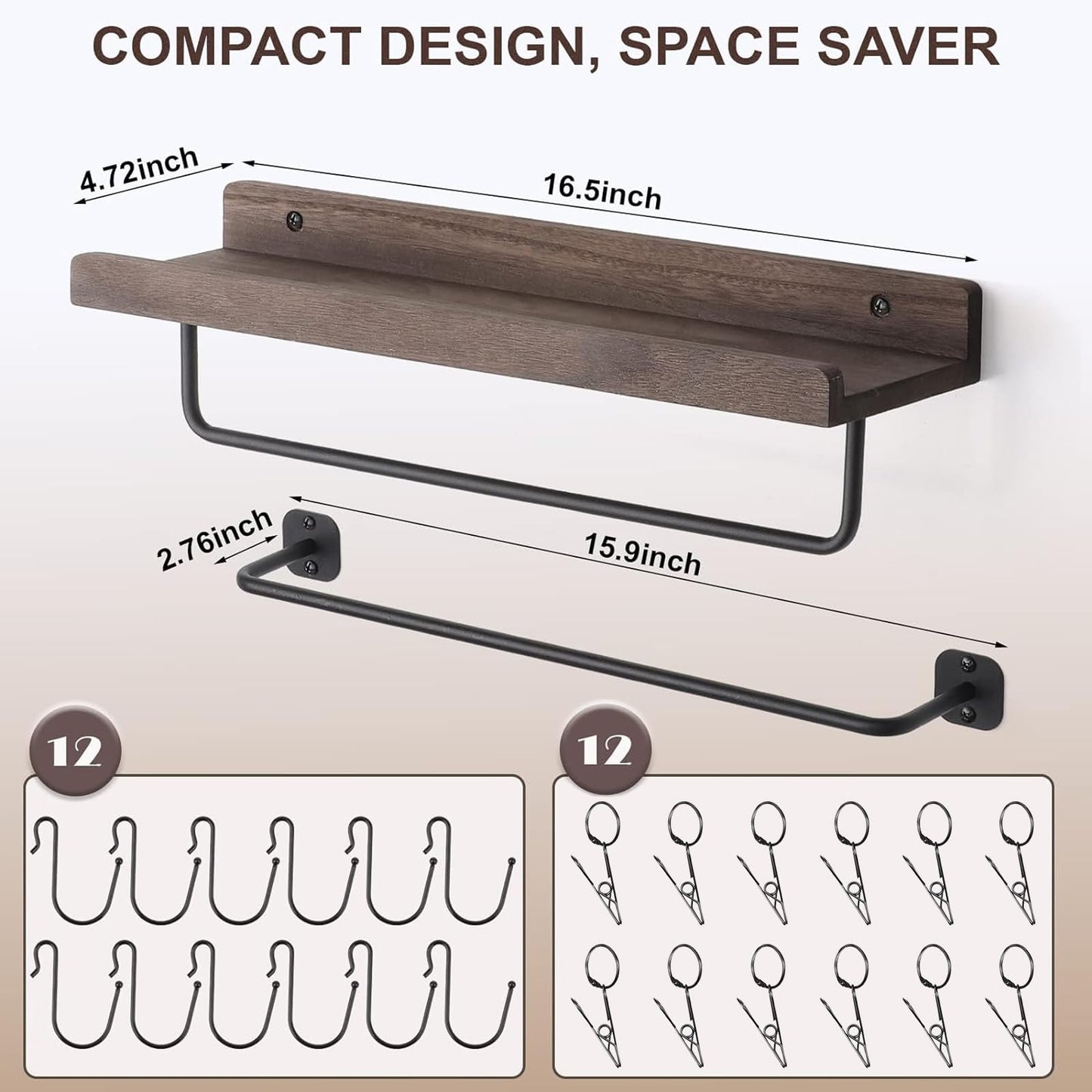 HYDERMUS Hat Rack for Wall with Shelf for 24 Baseball Caps Metal Hat Organizer with 12 Clips and 12 Hook Hat Holder Wall Mounted for Baseball Caps Trucker Hat and Others Hat Weathered Walnut