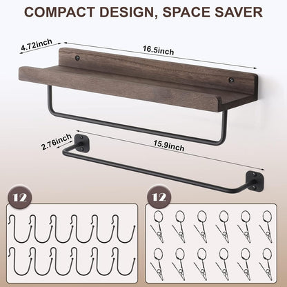 HYDERMUS Hat Rack for Wall with Shelf for 24 Baseball Caps Metal Hat Organizer with 12 Clips and 12 Hook Hat Holder Wall Mounted for Baseball Caps Trucker Hat and Others Hat Weathered Walnut