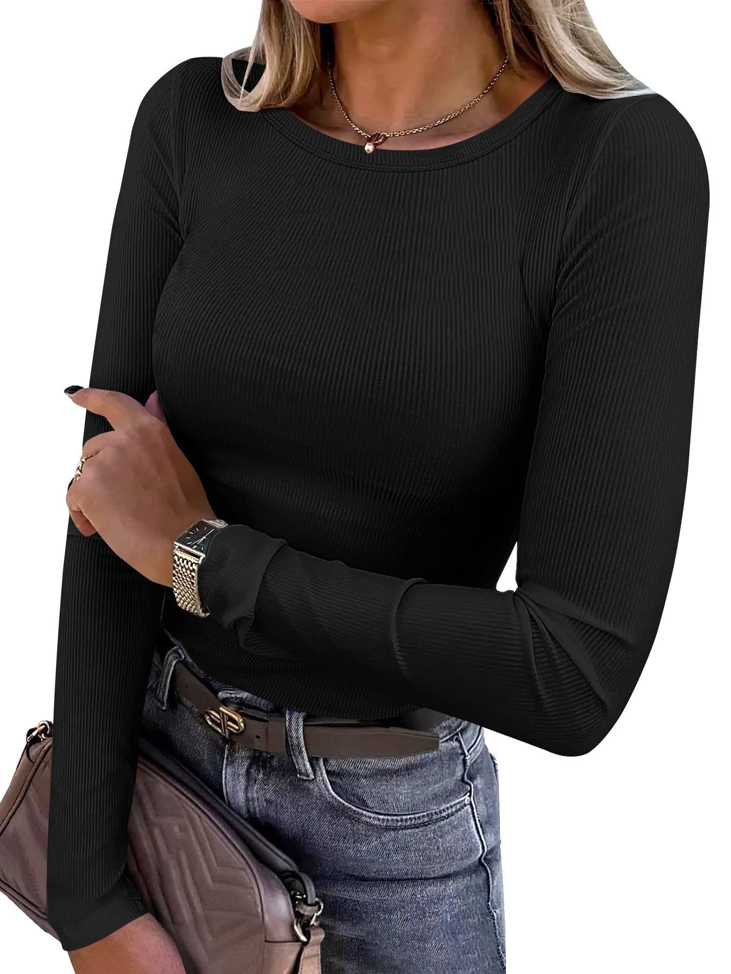ANRABESS Women Long Sleeve Shirts Rib Knit Slim Fit Tops Basic Tee 2025 Fall Outfits Casual T-Shirt Underscrubs Layer Clothes Black Medium