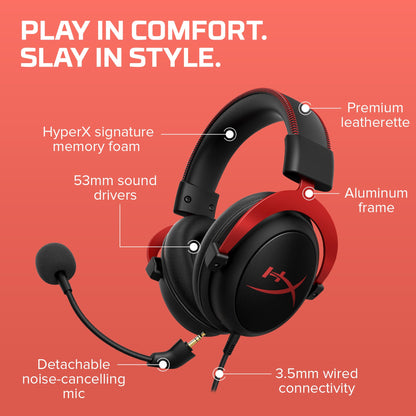 HyperX Cloud II - Gaming Headset, 7.1 Surround Sound, Memory Foam Ear Pads, Durable Aluminum Frame, Detachable Microphone, Works with PC, PS5, PS4, Xbox Series X|S, Xbox One – Red