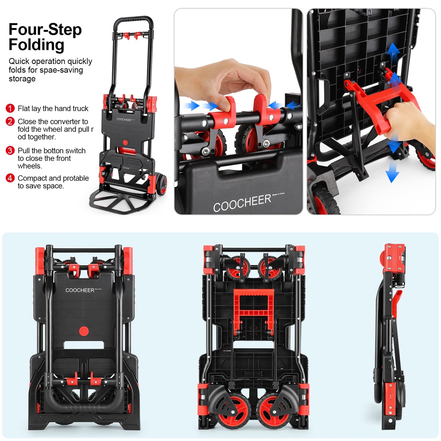 330LB Folding Hand Truck Heavy Duty Carrying, Combination of Four Wheels and Two Wheels Convertible Dolly Cart with Retractable Handle Dolly for Moving Office Carts.