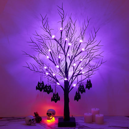 Beterzack 2FT Black Halloween Tree, Spooky Tree with 20 Spider & 24 Purple Lights and 6 Bat Decorations Battery Powered Tabletop Bonsai Tree Decoration for Halloween and Indoor