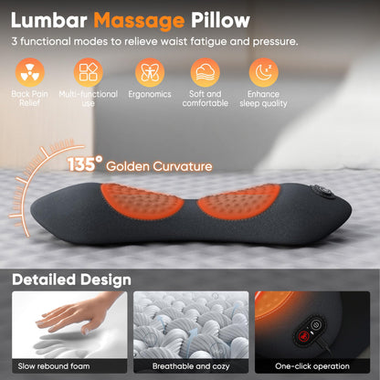 3 in 1 Electric Lumbar Support Pillow with Adjustable Height for Bed and Chair,Back Massager with Heat,Back Support Pillow for Lower Back Pain Relief,Waist Wedge Bolster (Black)