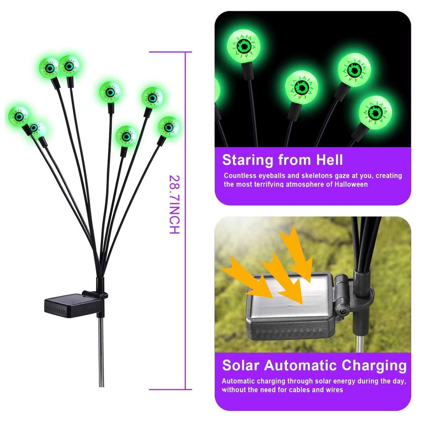 ASMAD Halloween Decorations Outdoor Solar Scary Eyeball Lights, 4Pack 32LEDs Green Eyeball Swaying Firefly Light, Waterproof Halloween Path Lights for Garden/Yard/Patio/Party Decor