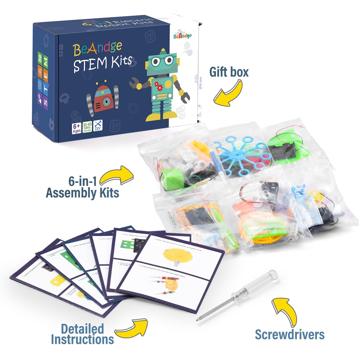 BeAndge STEM Robotics Kit - 6 Set STEM Toys for Age 8-13 8-10, Kids Crafts for Girls Boys Toys Gifts 6 7 8 9 10 Year Old Birthday Gifts, Engineering Science Robot Building Kits for Kids Age 8-12 6-8