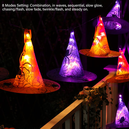 Battery Operated Halloween Lights Witch Hat Decoration,8 Pack Orange and Purple Hanging Lighted Hats with 56 LED Warm White Lights with Remote, Floating Witch Hat Light for Indoor Outdoor Decoration