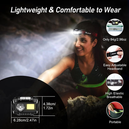 Blukar Headlamp Head Torch Rechargeable, Super Bright Lightweight Waterproof LED Headlight with Red Warning Lights, 8 Light Modes, Motion Sensor Control, 30 Hrs Runtime for Running, Hiking etc.