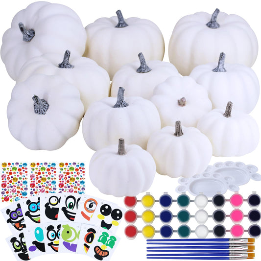 Winlyn 12 Sets DIY Fall Pumpkin Painting Kits Assorted White Foam Pumpkins Craft Pumpkins to Paint for Kids Classroom Activity Art Projects Halloween Thanksgiving Fall Gifts Party Favors Holiday Décor