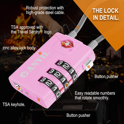 ANVIL TSA Approved Cable Luggage Locks 3 Digit Combination Padlock with Zinc Alloy Steel Cable Lock Ideal for Travel Suitcase, Backpack, Lockers,Case,Toolbox (2, Pink)