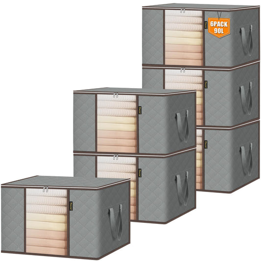 BALEINE 6 Pack Clothes Storage Bags, 24 Gallon Storage Containers with Reinforced Handle, Sturdy Zipper, Closet Organizer for Blanket, Comforter, Pillow, Bedding (Grey, 6 Pack)