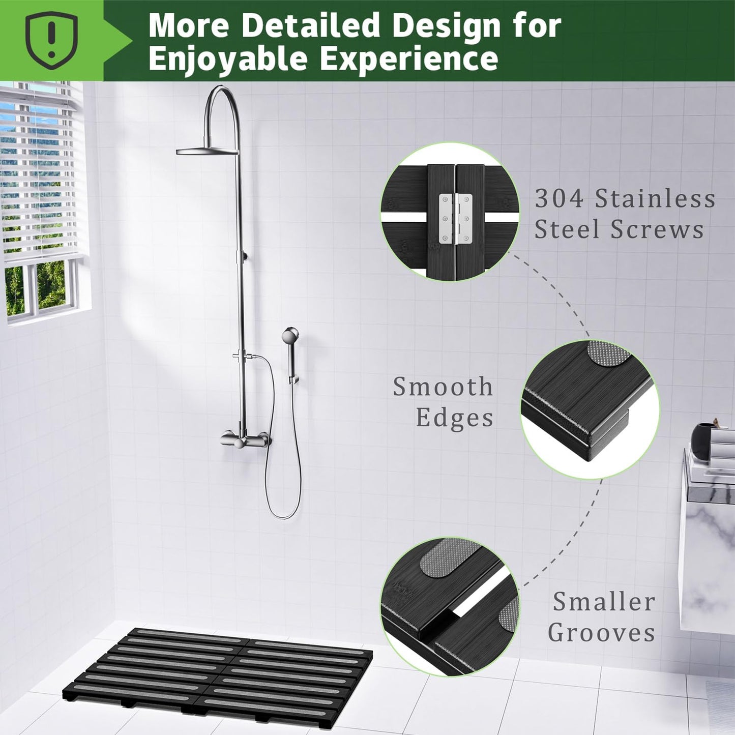 Bamboo Bath Mat for Shower, Dual Anti-Slip for Surface & Bottom, Waterproof Foldable Shower Mat, Easy to Carry and Storage, Perfect for Indoor Outdoor （Black, 26.77×16.14×1.14 Inches）