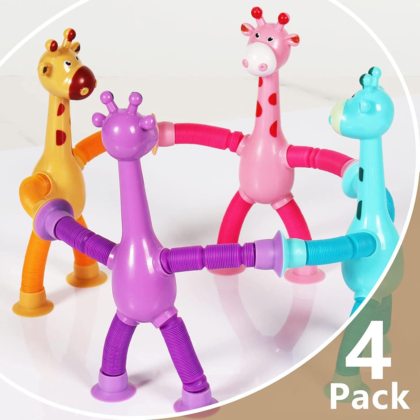 Bendable Giraffe Figures, Toys Set of 4 Flexible Giraffes, Telescopic Suction Cup Toy, Telescopic Pop Tubes, Fidget Tubes Sensory Toys Basket Stocking Stuffer for Girls Boys