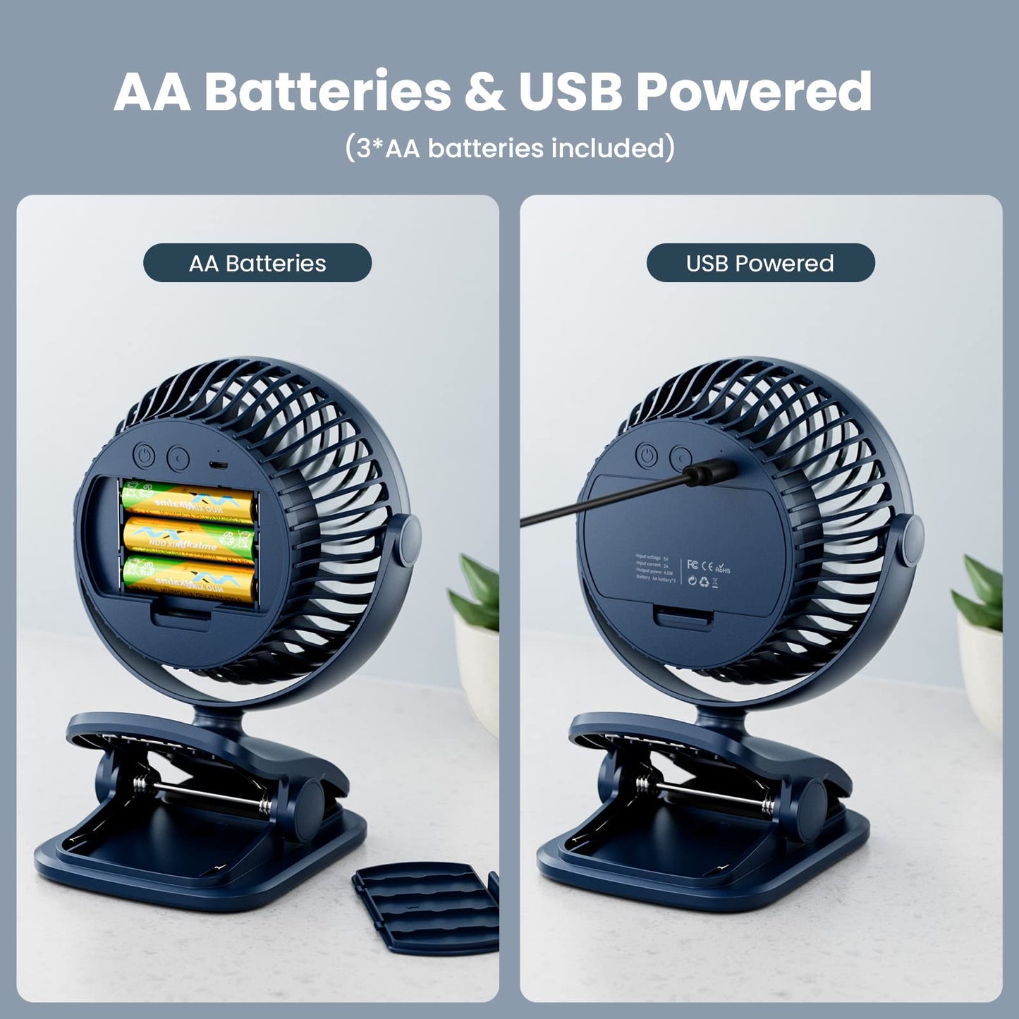 AA Battery Operated & USB Powered Clip on Fan, 4 Speeds, Unique Aroma Design, 5 Inch Cordless Personal Fan for Stroller, Camping, Home, Bedroom, Golf Car Outdoor-Blue(3*AA Batteries Included)