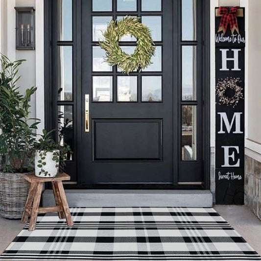 CAINANEL Buffalo Plaid Outdoor Rug Black and White Check Rug 35.4'' x 59'' Cotton Hand-Woven Checkered Front Welcome Door Mat Indoor/Outdoor Area Rug for Front Porch,Kitchen,Entry Way,Living Room