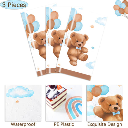 Caisehabu 3 Pieces Teddy Bear Baby Shower Tablecloths Plastic Table Cover, Boho Brown Blue Birthday Party Decorations Supplies for Boys Kids Large Size 108×54 Inch Rectangular