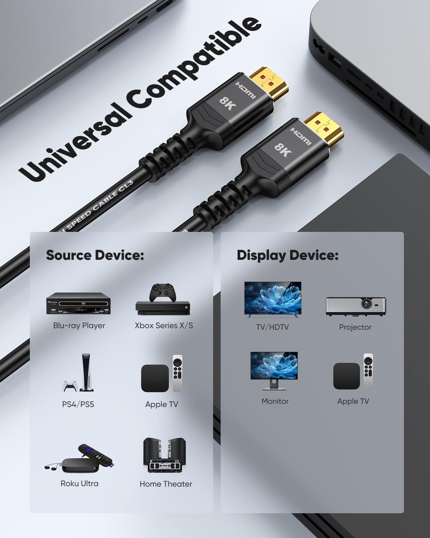 Highwings HDMI Cable 15 FT Long, 4K 8K 10K HDMI 2.1 Cord Ultra High Speed [in-Wall CL3 Rated, 8K@60Hz 4K@120Hz Video 48Gbps], Fit, Durable, Flexible, eARC, HDCP, Compatible for Ethernet SoundBar