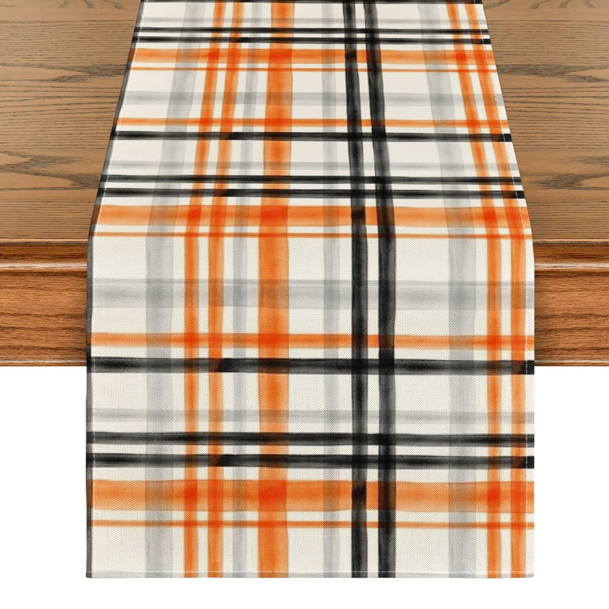 Artoid Mode Orange Black Buffalo Plaid Fall Table Runner, Halloween Kitchen Dining Table Decoration for Outdoor Home Party 13x72 Inch