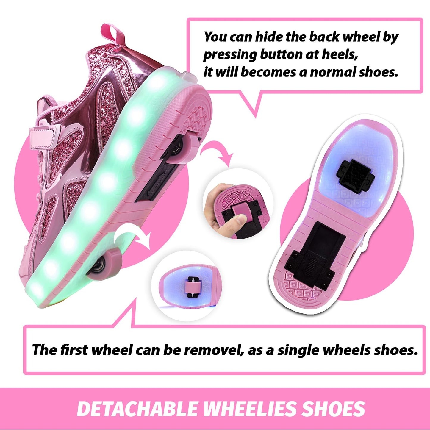 HOVERKICKES LED Roller Skate Shoes for Kids Boys Girls Light Up Roller Sneakers with Detachable Wheels Rechargeable Flashing Wheeled Shoes