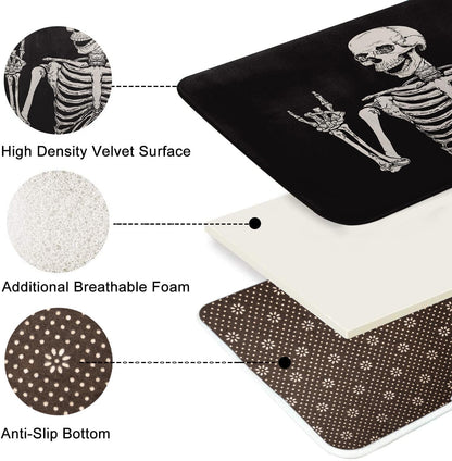 Britimes Bath Mat for Bathroom, Rock and Roll Skeleton Skull Washable Cover Floor Rug Carpets Floor Mat Bathroom Decorations 16x24 Inches for Kitchen Bedroom Indoor