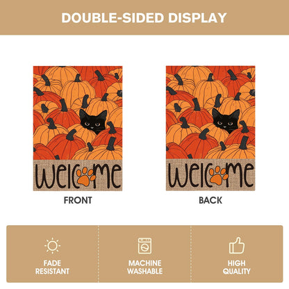 AVOIN colorlife Fall House Flag 28x40 Inch Double Sided Outside, Black Cat Autumn Welcome Pumpkins Seasonal Yard Outdoor Flag