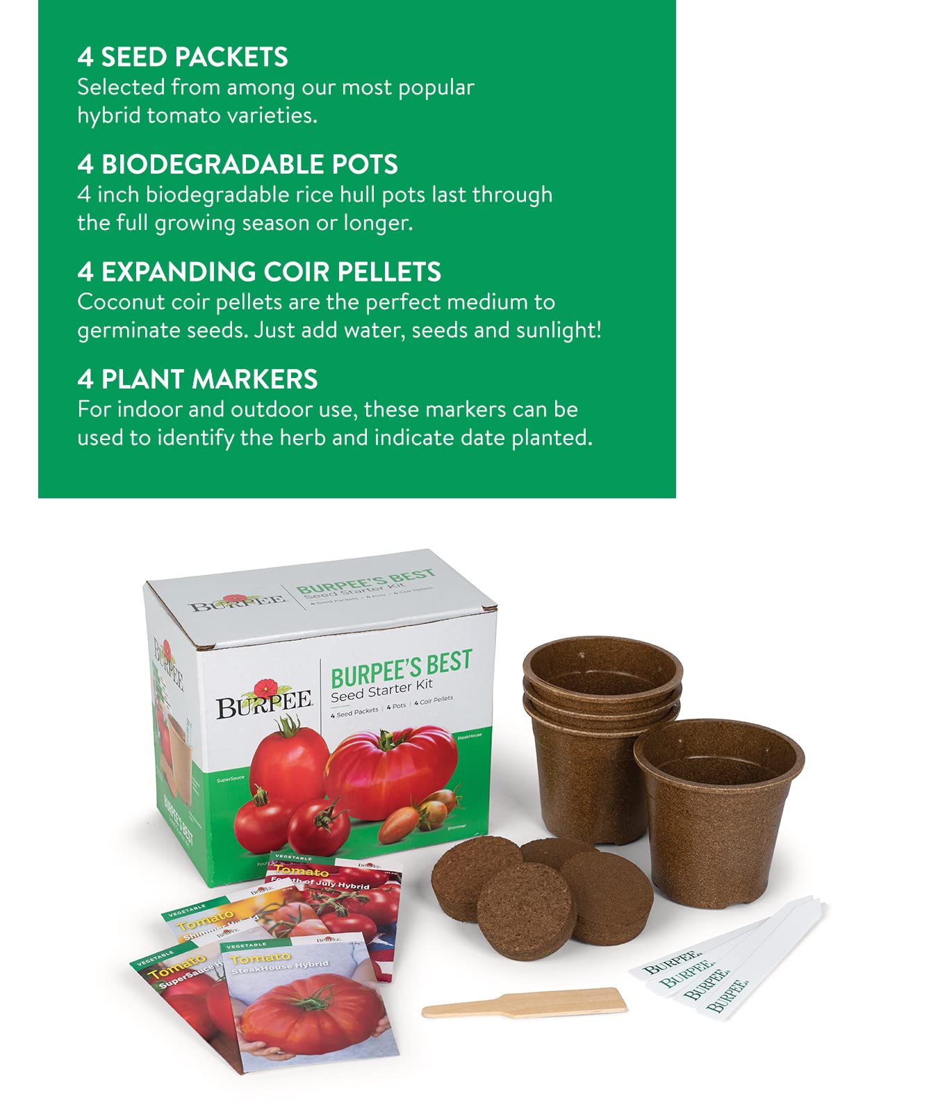 Burpee Best Starter Kit, SuperSauce, Fourth of July, Shimmer & Steakhouse, 4 Tomato Seed Packets, 4 Pots, 4 Coir Pellets & 4 Plant Markers