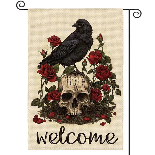 AVOIN colorlife Halloween Welcome Skull Rose Crow Garden Flag Double Sided, Day of the Dead Holiday Yard Outdoor Decorative Flag 12 x 18 Inch