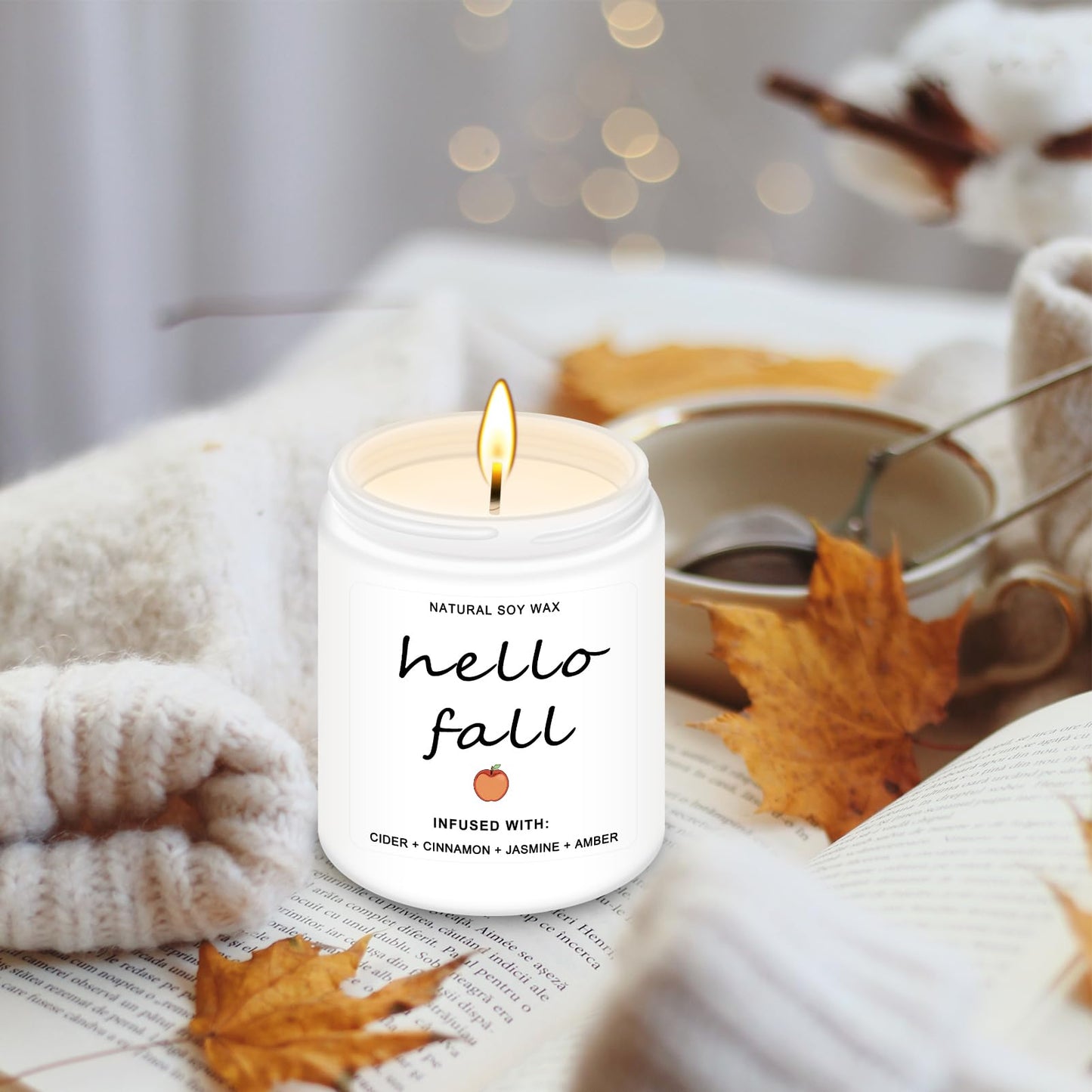 Homsolver Fall Decor Candles, Cider, Cinnamon, Jasmine, Amber Autumn Decorations Scented Candles for Home, 50 Hour Burn Time, Hello Fall Candle