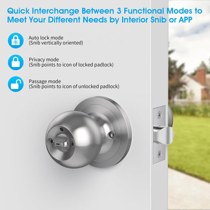 AST Fingerprint Door Knob with Autolock, Passage and Privacy Functions, Rechargeable Keyless Smart Door Knob Lock, Digital Biometric Door Knob with APP (Brushed Stainless Steel)