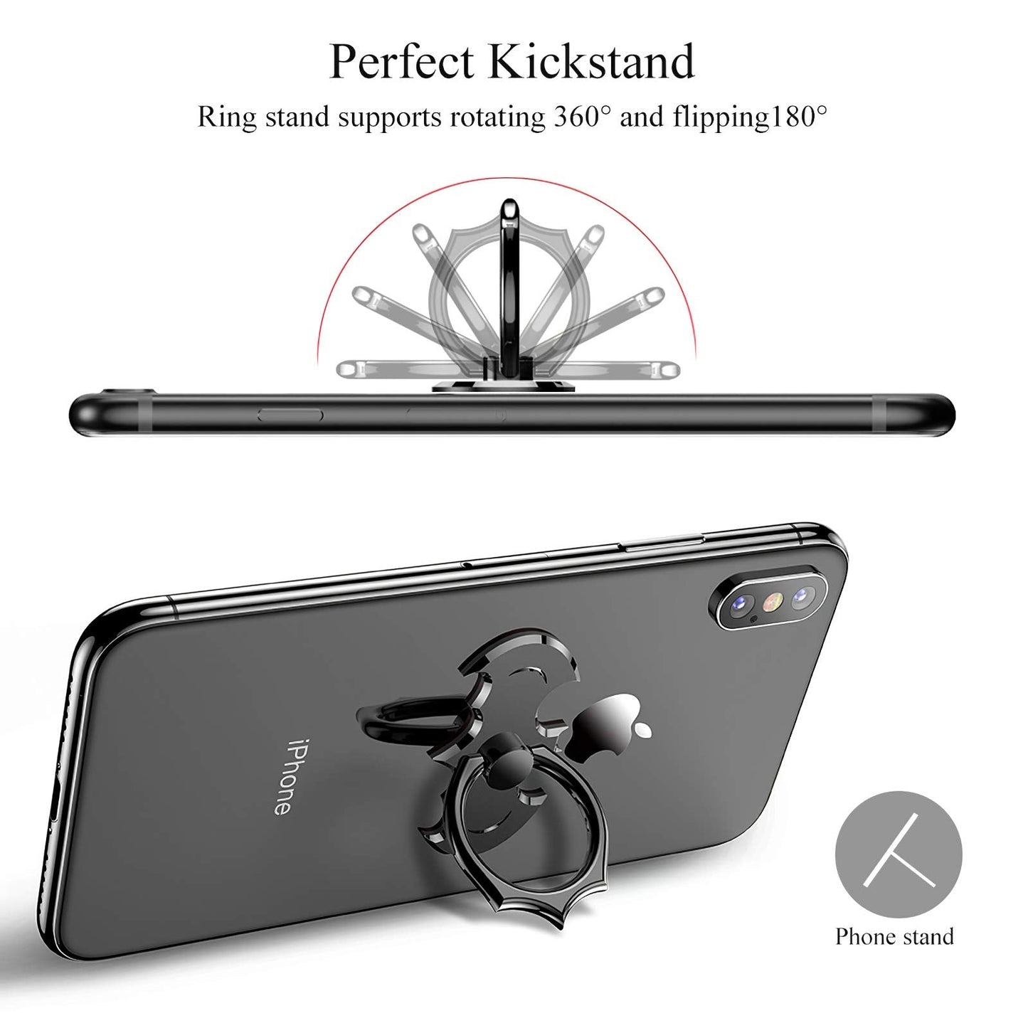 Bat Phone Ring Stand Holder - OATSBASF Cell Phone Ring Holder Finger Grip 360 Degree Rotation Compatible with iPhone 16/15/14/13/12 Pro Max and Other Smartphones（Black+Silver）